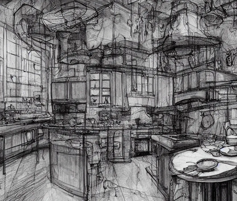 Image similar to An of interior of a kitchen at night, rotoscoped, rotoscope, photoshop, photomanipulation, realism, painting, illustration and sketch, weird scribbles, hybrid styles, hybrid art styles, mismatched, trending on artstation, trending on deviantart, weird, quirky, interesting, very detailed, highly detailed, HD Quality, 4k resolution, 8k resolution, in the style of David Firth, in the style of James Lee, in the style of Drue Langlois,