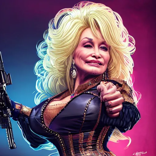 Image similar to closeup of Dolly Parton holding a pimp shotgun, cyberpunk 2077 setting, intricate, elegant, highly detailed, digital painting, artstation, concept art, matte, sharp focus, illustration, hearthstone, art by Artgerm and Greg Rutkowski and Alphonse Mucha