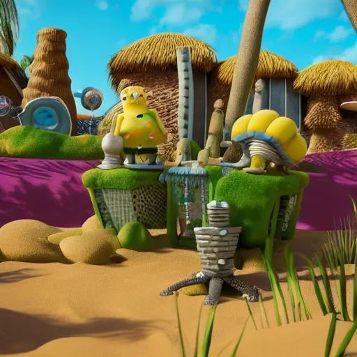 Prompt: spongebob bikini bottom, intricate detail, hieronymous bosch, whealan, hd, unreal engine