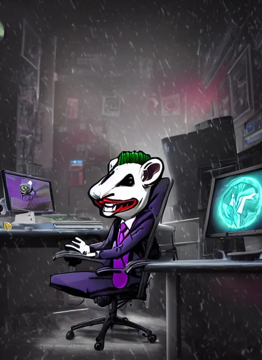 Image similar to Rat with Joker face paint sitting on gamers chair on gaming computer typing on keyboard, gaming, computer, gamers keyboard, looking sad, crying in the dark and gloom, defeating Batman, realistic, digital art, 4k, cinematic lighting, explosion in the background