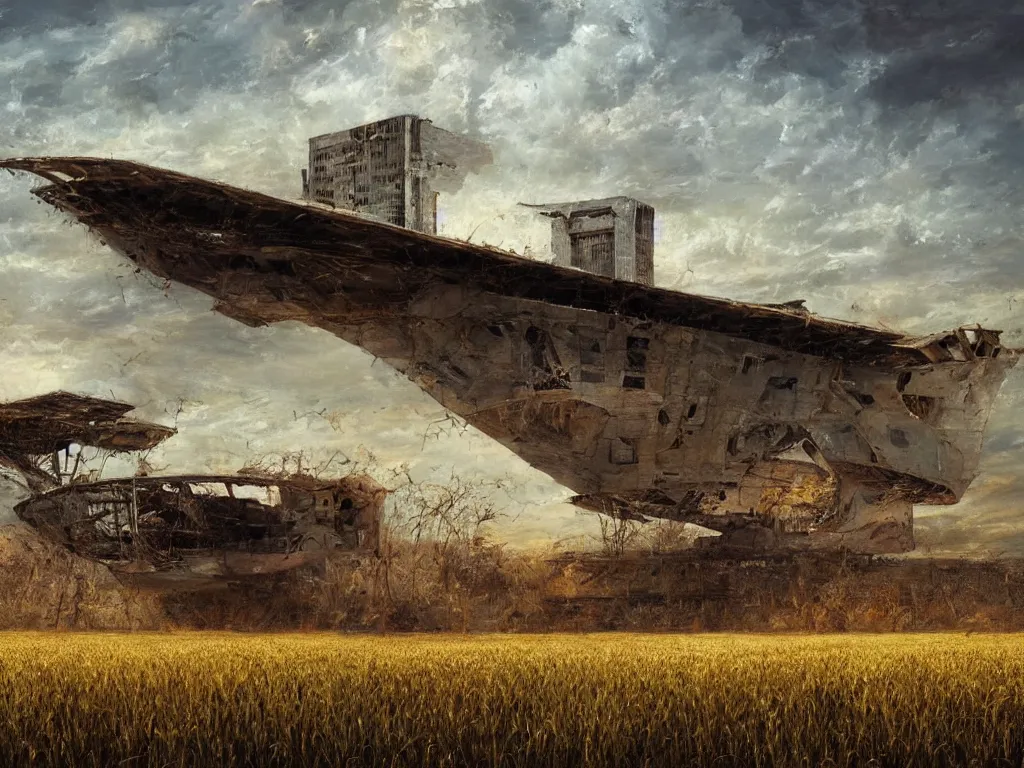 Image similar to A fantastic painting of a dilapidated post-modern building on a wheat field with an abandoned spaceship parked on the roof of the building, by Mat Collishaw, Trending on artstation, very detailed