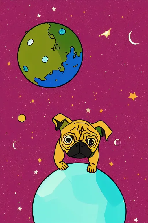 Image similar to planet pug floating in space, art by brian miller, sticker, colorful, illustration, highly detailed, simple, smooth and clean vector curves, no jagged lines, vector art, smooth