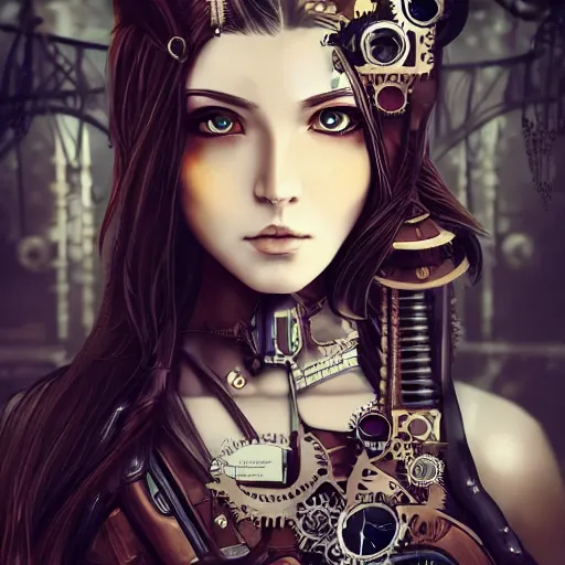 Image similar to beautiful half human half steampunk cyborg portrait, steampunk, extremely detailed, lush, gears, pretty, cinematic lighting, epic, intense, long hair, brown eyes, cool, anime,