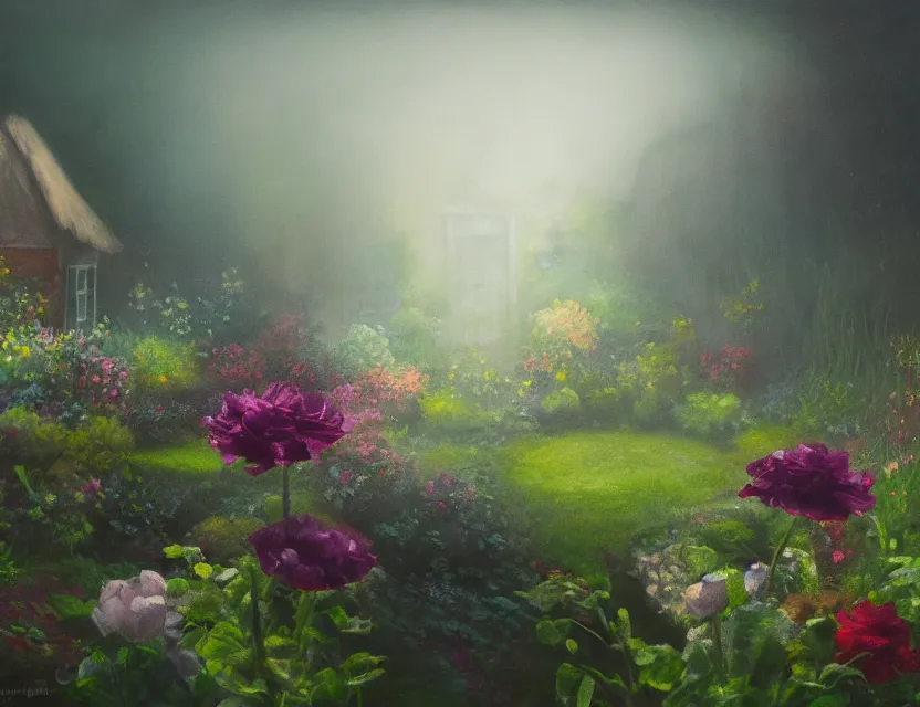 Prompt: amorphous, gooey life form covering a cottage garden in a beautiful foggy morning. oil painting, indie concept art, bloom, chiaroscuro, backlighting, intricate details, depth of field.