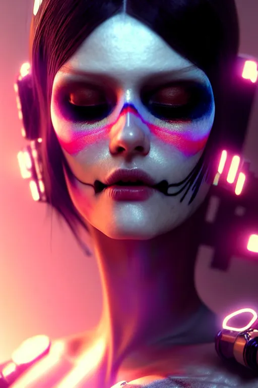 Prompt: beautiful android woman, eyes closed, photorealistic cinematic, 3 d model, cyborg, postcyberpunk, blade runner, octane render, volumetric light, concept art, vogue, 8 k, intricate detailed environment ( ( el dia los muertos ) ). by terry oneill and artgerm and kuciara and mucha