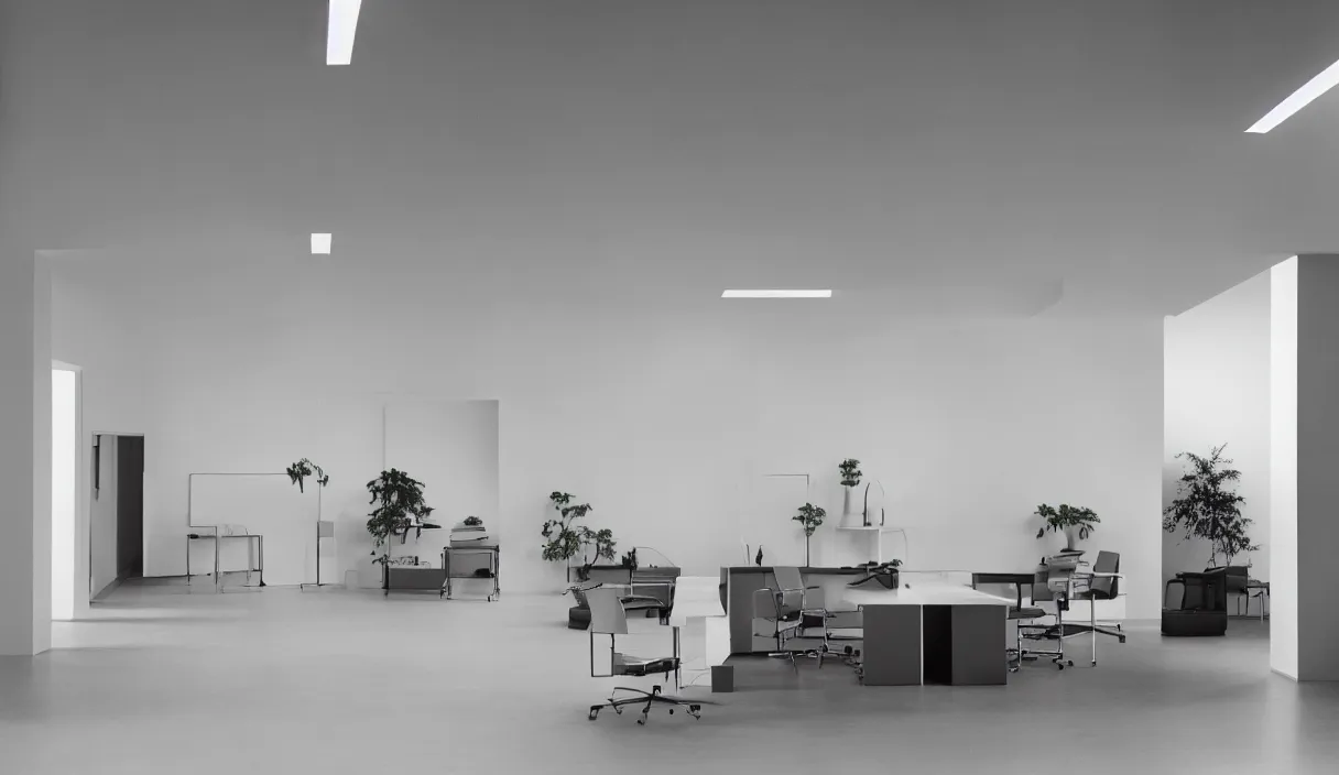 Image similar to a minimal 7 0 s prisunic catalog with the indoor office of severance series ( 2 0 2 2 ), in color