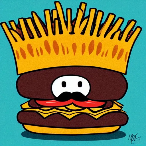 Prompt: a burger king sitting on a throne, bushy mustaches, long hair, royal, digital art, illustration