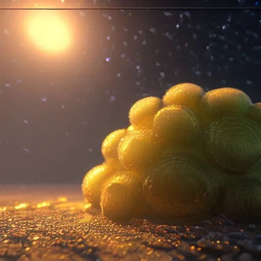 Image similar to a highly detailed 3 d render in octane and vray of a slime mold growing to golden ratio pattern floating in space. beautiful mystical lighting, mist, sigma 2 4 mm