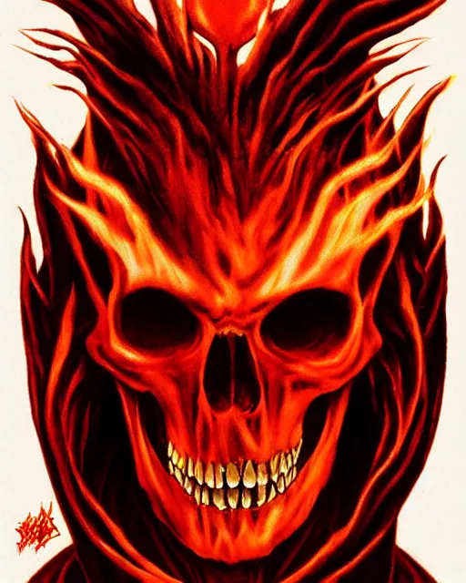 Prompt: skeletal figure with fiery angry red eyes, airbrush, drew struzan illustration art, key art, movie poster