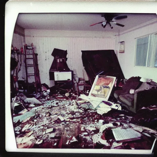 Prompt: polaroid of a ravaged living room, 3 5 mm film, poltergeist.