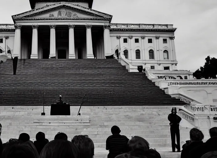 Image similar to death gives inaugural address on the steps of the capitol, 3 5 mm photography, highly detailed, cinematic lighting, standing pose, fully body shot, holding lightsaber 4 k