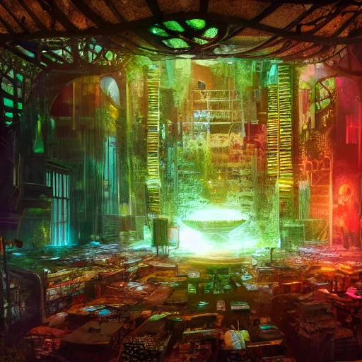 Image similar to glowing translucent theater stage in las pozas, cyberpunk, dark room, science fiction magazine, cut out collage, 4 k close up, wide angle