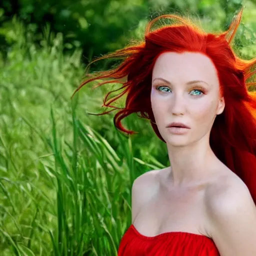 Prompt: beautiful green eyed goddess with red hair and fair skin wearing a thin green strapless sundress blowing in the wind on a sunny day