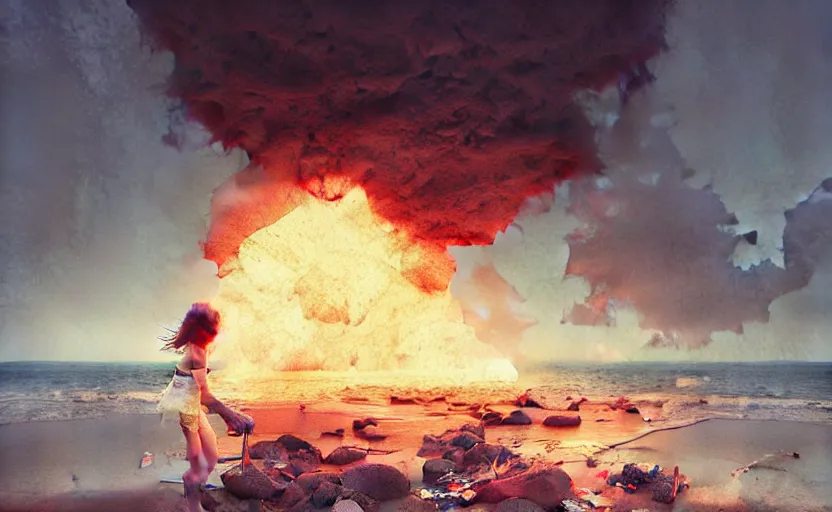 Image similar to explosion made of cotton on a beach, sea, fantasy, intricate, amazing composition, realistic, by ruan jia, by maxfield parrish, by marc simonetti, by hikari shimoda, by robert hubert, by zhang kechun, illustration, gloomy