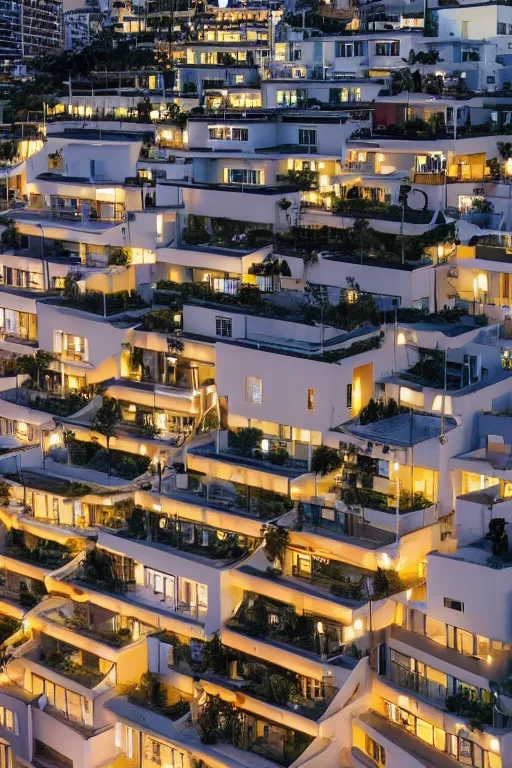 Prompt: buliding design by ricardo bofil, function is residential ， people take pohto at the roof ， dusk seaside ， photography ， 8 k