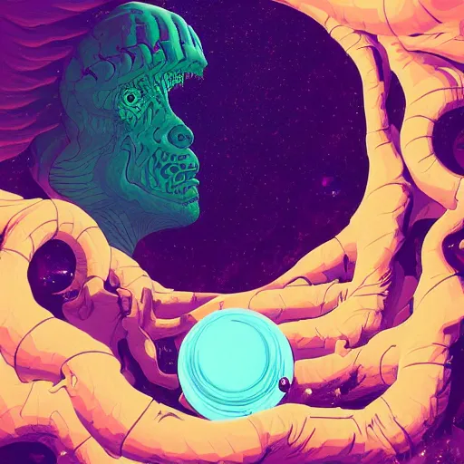 Prompt: digital painting of an elder god in space by Tomer Hanuka, hyperdetailed, cosmic horror, vivid colors, trending on Artstation