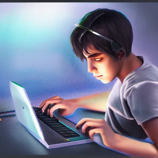 Image similar to realistic teenager using laptop in super tech room, artstation trends, concept art, highly detailed, intricate, sharp focus, digital art, 8 k