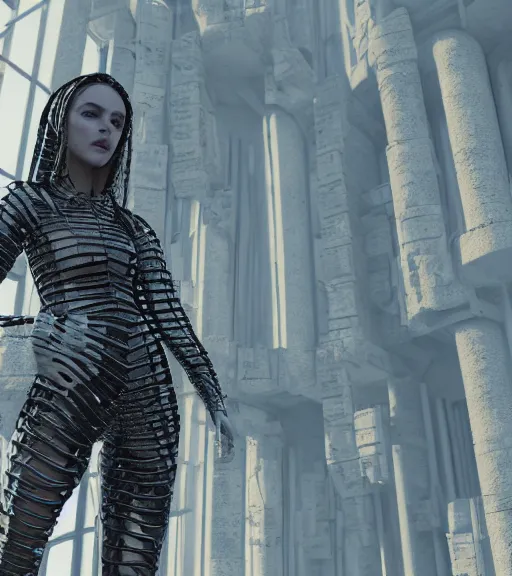 Image similar to tarkovsky best scene, the ancient destroyed majestic tower of babylon, a woman in futuristic cyber clothing, transparent puffer jacket, hyper realistic, cyber blockchain, cyber world, ambient lighting, concept art, intricate, hyper - detailed, smooth, dynamic volumetric lighting, octane, ray trace, cinematic, high quality, high resolution, 4 k, cgsociety