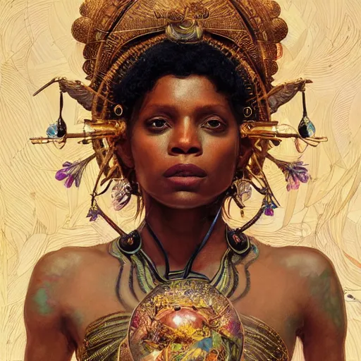 Prompt: Puma Badu as a goddess , A stunning masterpiece, Highly Detailed, Photorealism, by Greg rutkowski, Sachin Teng, Thomas Kindkade, Alphonse Mucha, Norman Rockwel