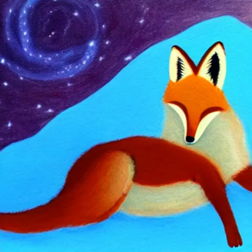 Prompt: a fox laying back relaxing, dreaming of infinity, elegant color palette