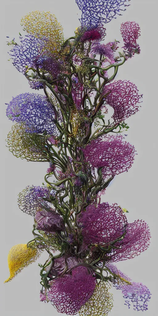 Image similar to a render of a 3 d organic structure, wilted flowers, c 4 d, by zhelong xu and ernst haeckel, hyper realistic, plain background, 8 k, volumetric lightning, trending on artstation
