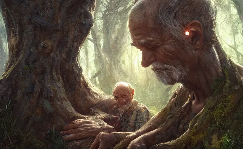 Prompt: an old man's face made of bark and wood, in a tree, magical, fantasy art, 8k hdr pixiv dslr photo by Makoto Shinkai ilya kuvshinov and Wojtek Fus, digital art, concept art,