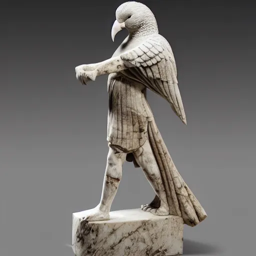 Prompt: a beautiful marble statue of a kenku and a tabaxi, dynamic pose, Doric, roman, Greek