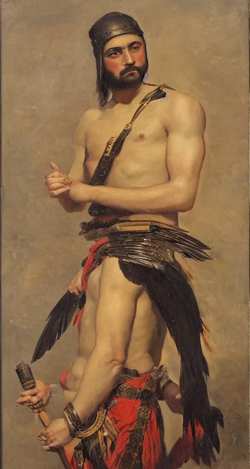 Image similar to orientalist portrait painting of a the great greek warrior achilles with a cormorant on his shoulder, in romantic style, sfumato