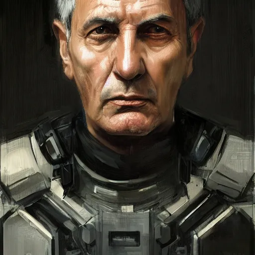 Image similar to Portrait of a man by Greg Rutkowski, he is about 60 years old, short black hair with bangs, his features are a mix between French, Turkish and Russian, expression of contempt, sorrow and resignation, he is wearing a futuristic tactical gear, highly detailed portrait, digital painting, artstation, concept art, smooth, sharp foccus ilustration, Artstation HQ.