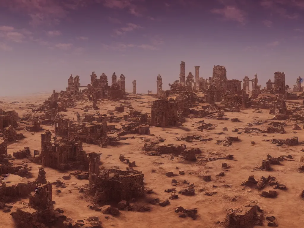 Prompt: desert scattered with ruins of ancient cities，scarlet sea in the distance, a lonely swordsmen walking by the sea, hdr, ue5, unreal engine 5, cinematic 4k wallpaper, ultra detailed, high resolution, Pixiv, award winning.