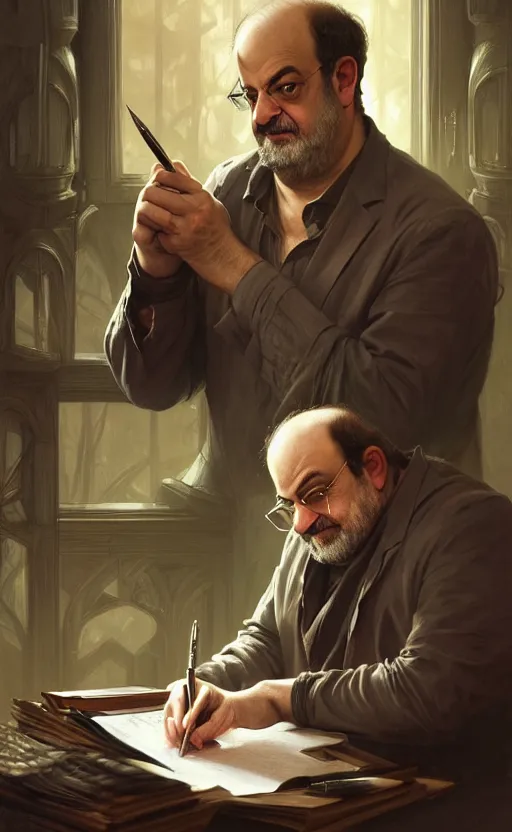 Prompt: portrait of salman rushdie writing, deep focus, d & d, fantasy, intricate, elegant, highly detailed, digital painting, artstation, concept art, matte, sharp focus, illustration, art by artgerm and greg rutkowski and alphonse mucha