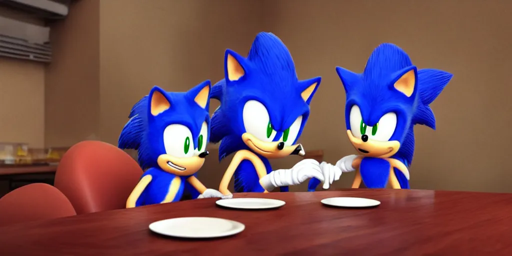 Prompt: A render of Sonic the Hedgehog sitting across from Tails the Fox in a dark restaurant, Sonic looks like he is shocked, Tails is looking away in disgust, they both have spaghetti in front of them on a plate, movie, HDR, moody lighting, unique camera angle from the end of the table and between the two of them, orange candle lighting is glowing on their faces, romantic scene