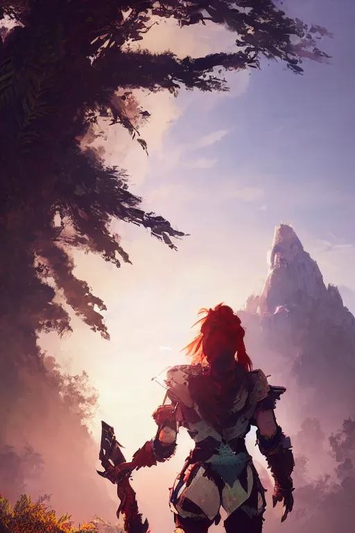 Image similar to combination suit armor aloy horizon forbidden west horizon zero dawn radiating a glowing aura global illumination ray tracing hdr fanart arstation by ian pesty and alena aenami artworks in 4 k tribal robot ninja mask helmet backpack