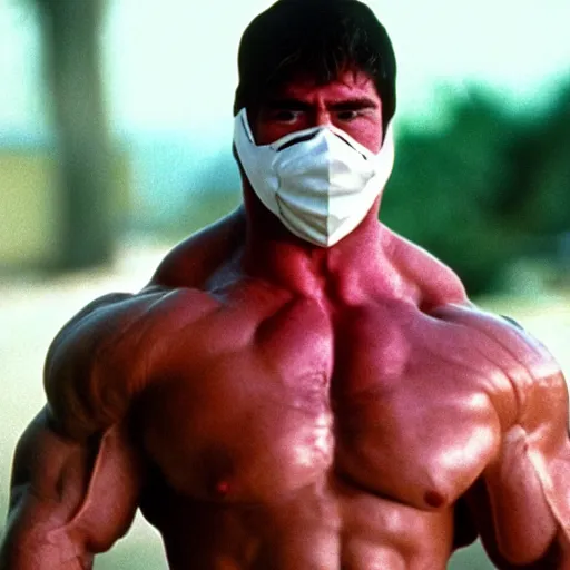 Image similar to film still of an extremely muscular man wearing a plastic goose mask, 1 9 9 8 movie