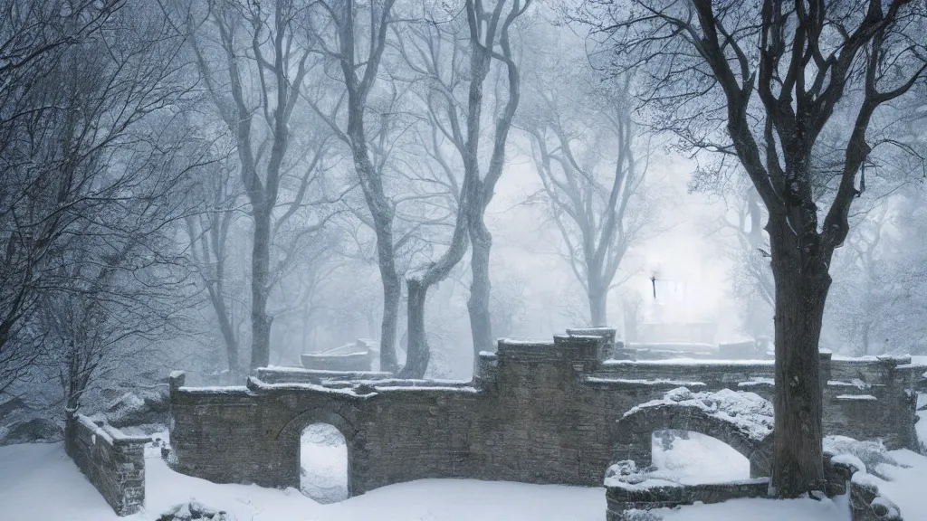 Image similar to the tall castle walls overshadow the secret garden in winter. andreas achenbach, artgerm, mikko lagerstedt, zack snyder, tokujin yoshioka