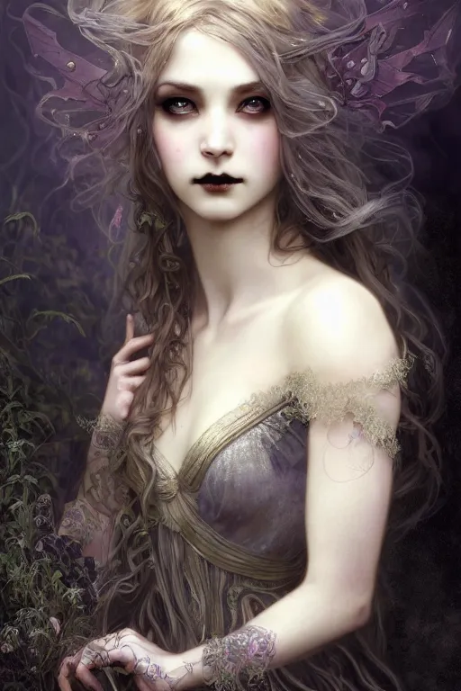 Prompt: beautiful and gothic and victorian young medieval princess portrait, smoky eyes+front face with light flowing hair, ultradetail face, art and illustration by tian zi and craig mullins and WLOP and alphonse mucha, fantasy, intricate complexity, human structure, human anatomy, fantasy character concept, watermark, blurry, hyperrealism 8k
