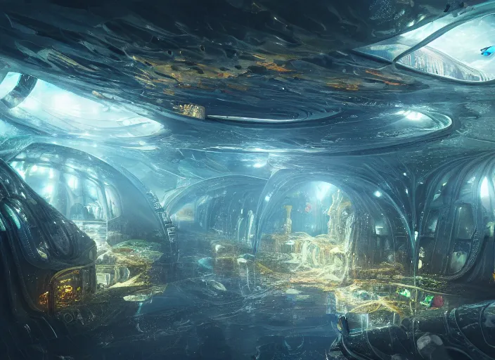 Image similar to favela spaceship cathedral, underwater environment, sorcery, scenery, professional, award - winning, trending on artstation, hyper detailed, realistic, beautiful, emotional, shiny, somber, picture