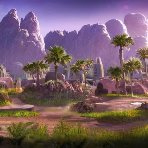 Prompt: environment concept art alien residential neighborhood on planet with craters and mountains and strange plants unreal engine magical realism colorful photo realistic