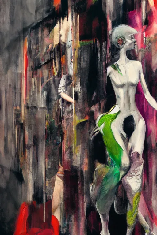 Image similar to crazy fashion catwalk, one model, crazy clothes, hauntingly surreal, highly detailed painting by francis bacon, edward hopper, adrian ghenie, gerhard richter, and james jean soft light 4 k,