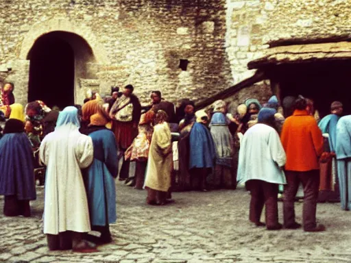 Prompt: a color 3 5 mm photograph of a crowd of villagers milling around in a medieval town square