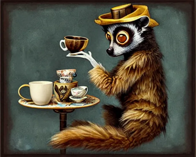 Image similar to an steampunk lemur having a cup of tea, by donato gioncola, mark ryden