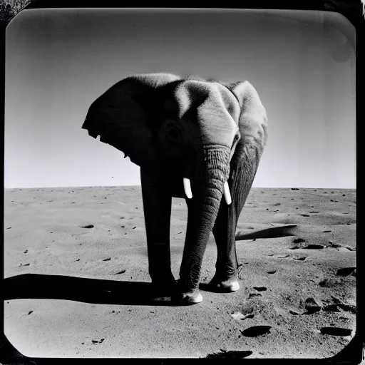 Image similar to extremely detailed black and white polaroid picture by john l. gaunt of a baby elephant standing on the moon's surface. the sky is ominous and filled with crashing meteorites. very grainy picture. dramatic lighting.