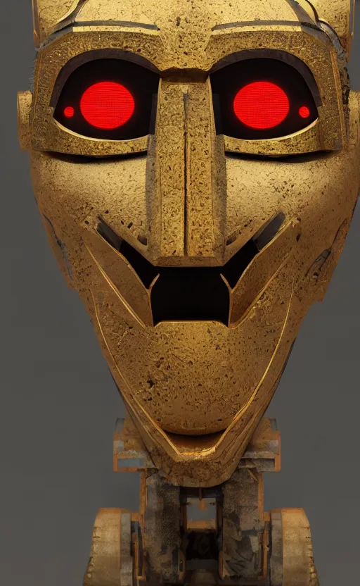 Image similar to robot wearing a tribal mask, japanese pottery, vivid colors, wood, metal, intricate details, trending on cgsociety, concept art, glowing eyes, sharp focus, ultra realistic details, cinematic atmosphere, global illumination, shadows, octane render, 8 k