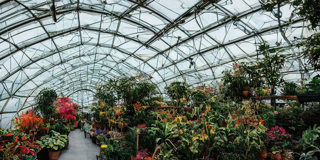 Image similar to geodesic dome greenhouse interior, bright colors, cinematic, cyberpunk, smooth, chrome, lofi, calming, dramatic, studio ghibli, high contrast, epic composition, hyper realistic, concept art, XF IQ4, 150MP, 50mm, F1.4, ISO 200, 1/160s, natural light, photolab