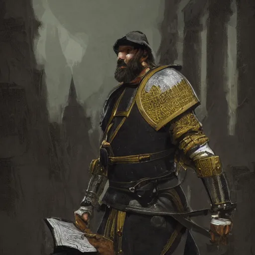 Image similar to Closeup of frustrated male medieval lieutenant with a {short} beard wearing a black!!!! and yellow tabard over a steel breastplate and a black gambeson looking up from a map on a table, intricate, dramatic lighting illustration by Greg Rutkowski, ArtStation, digital art, fantasy