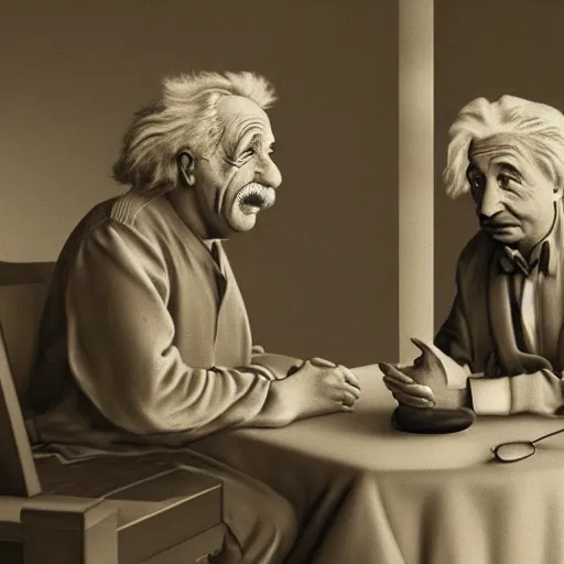 Prompt: Einstein and Newton speaks each other on a topic, pencil drawing, ultra detailed, octane render