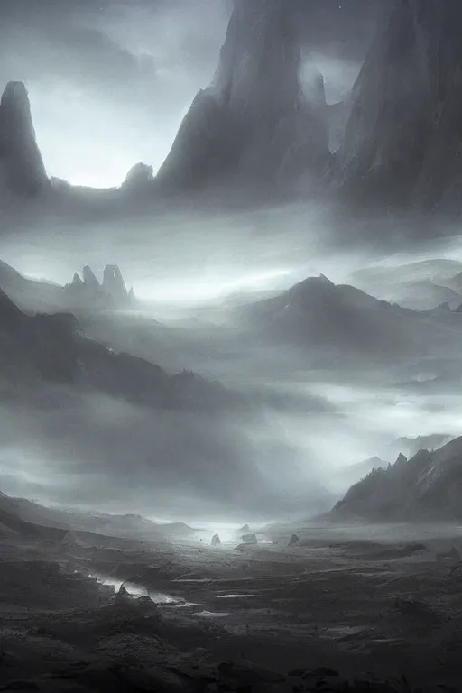 Image similar to concept art, matte painting, dark epic sci fi landscape dawn mist halo, by dawe gabriel and dean roger