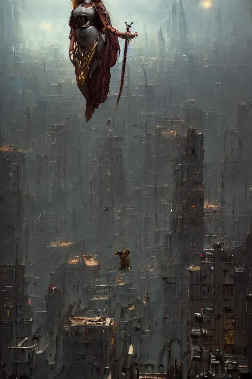 Image similar to intelligence artificial goddess floating above a city, sharp focus, by rozalski, by greg rutkowski, cinematic shot, megalophobia, award winning, trending on artstation, intricate, detailed