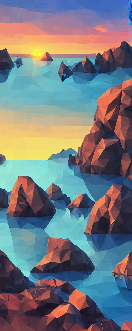 Image similar to super detailed color cutout lowpoly art, northern sunset with rocks on front, monochrome photorealistic bay in the middle of perspective and mountains at background, big graphic vessel in the middle of composition, unreal engine, high contrast color palette, 3 d render, lowpoly, colorful, digital art, perspective, full volume composition, robb cobb, robert mccall, syd mead