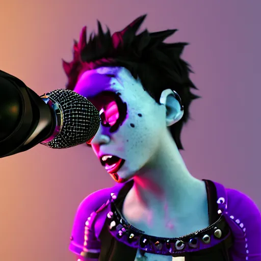 Prompt: high detail unreal engine render of a punk girl with purple emo hair, a skull shirt, and studded arm bands screaming into a microphone in pixar style 4 k